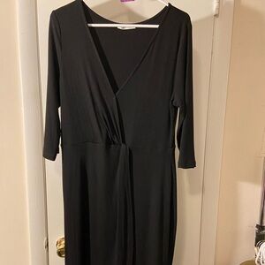 Cupshe Black Ribbed Wrap-Front Long Sleeve Dress